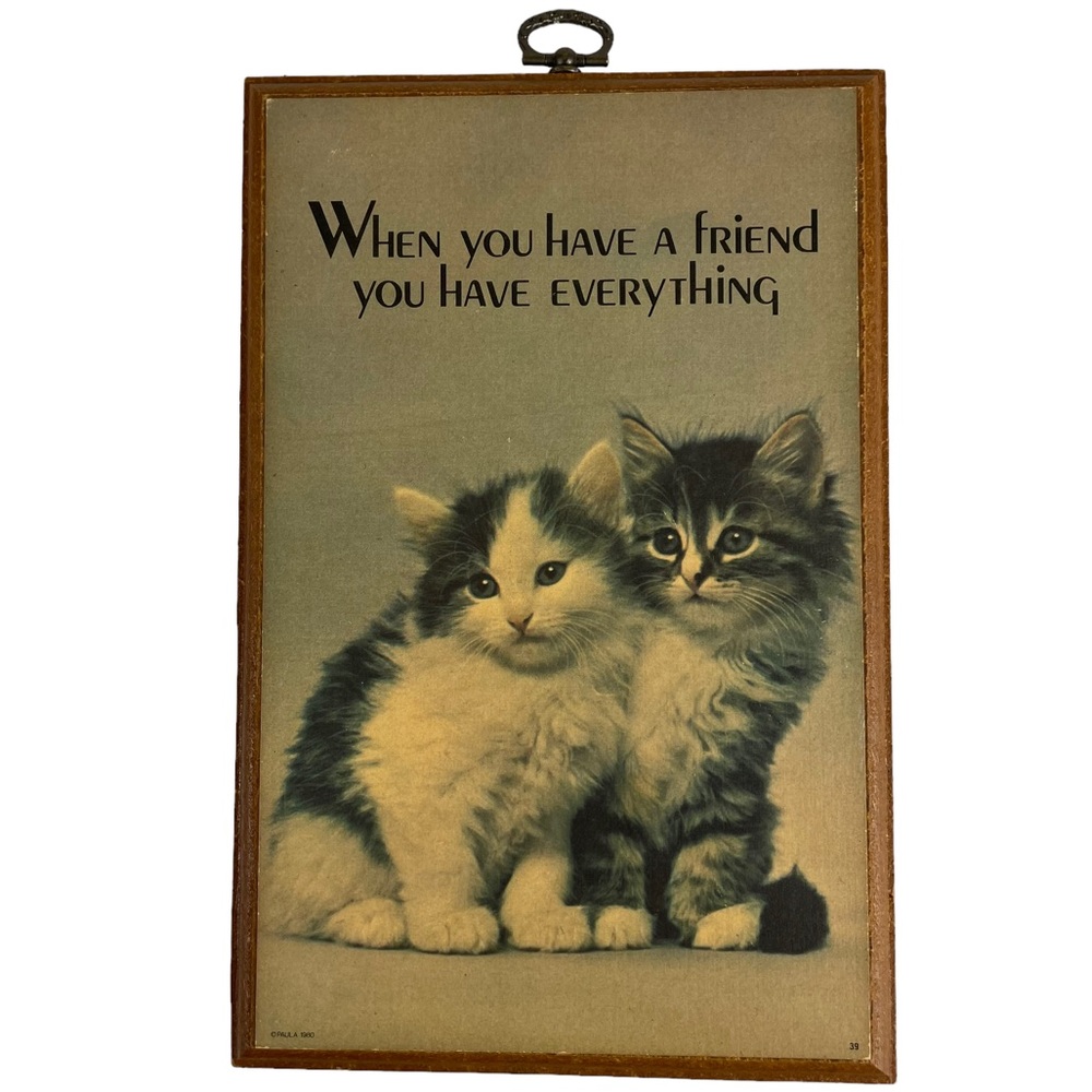 Vintage 1980’s Cat Kitten Inspirational Friends Wall Hanging Wood Art Friendship